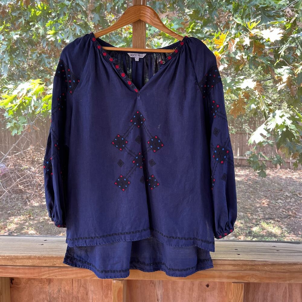 Alex Mill Women's Navy Embroidered 100% Linen Peasant Blouse Size S
